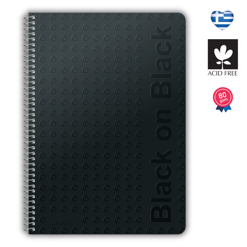 Spiral Notebook 2/3/4 Themes "Black on Black" 21x29 (A4) - Logigraf