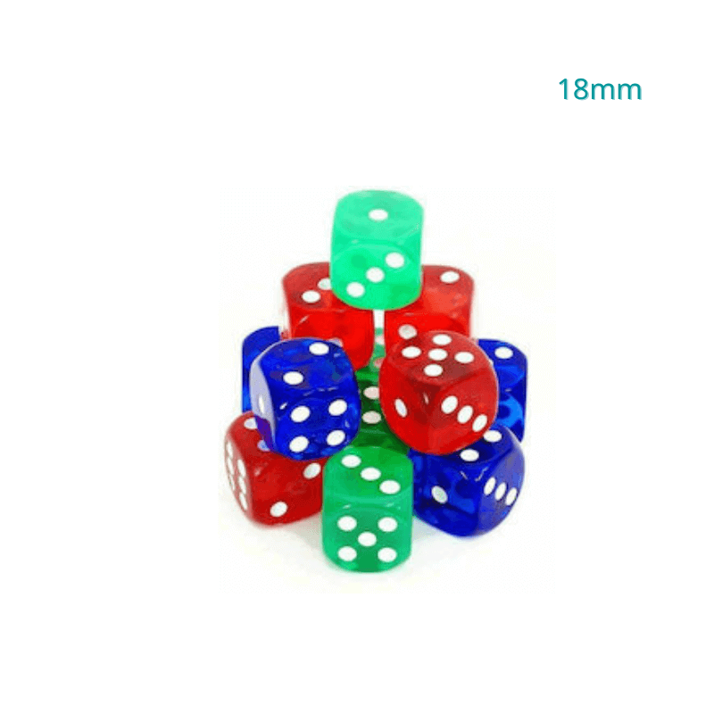 Transparent plastic dice with 18mm dots