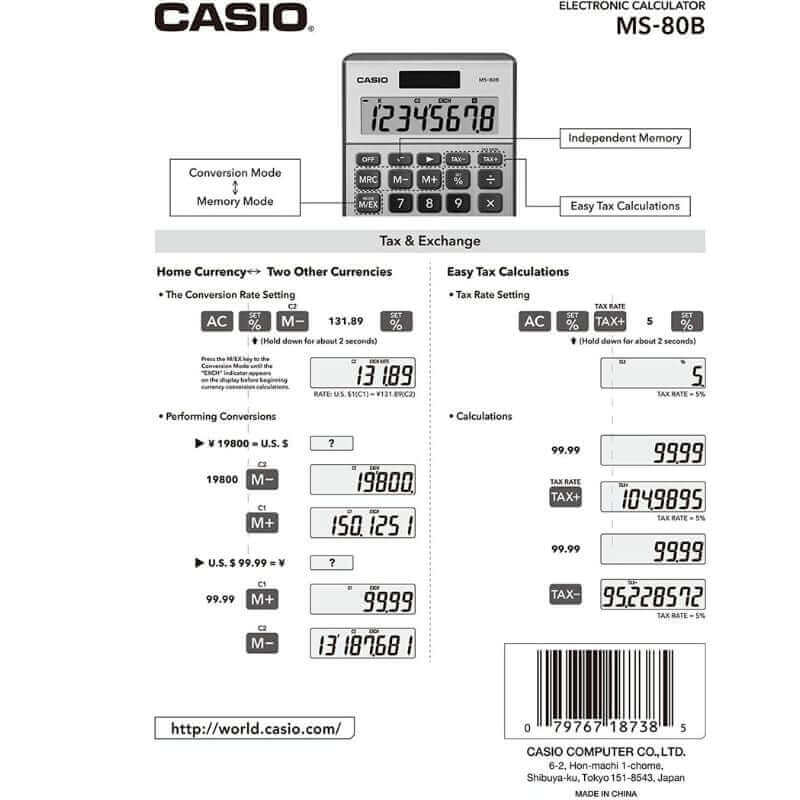 Αριθμομηχανή Γραφείου CASIO MS-80B, 8 ψηφίων 103x145 mm